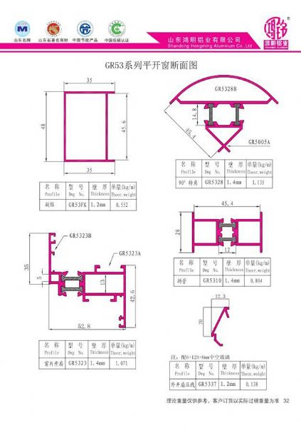 GR53系列平開窗斷面圖