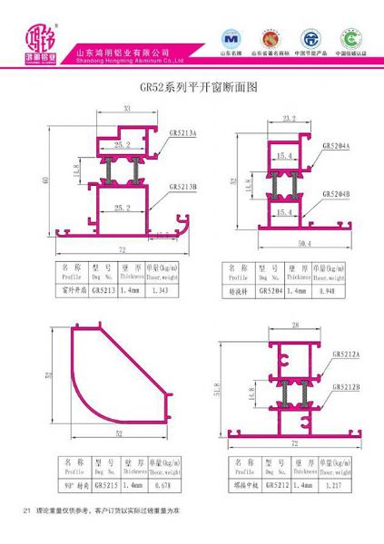 GR52系列平開窗斷面圖